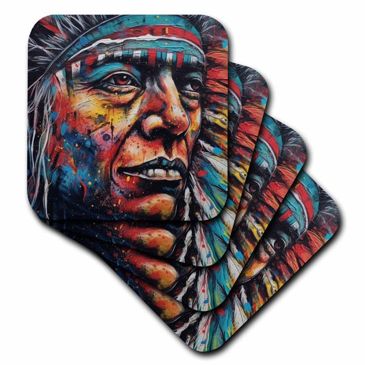 3dRose Cassie Peters AI Generated Art - Native American Chief Painting - Coasters (cst-381852)