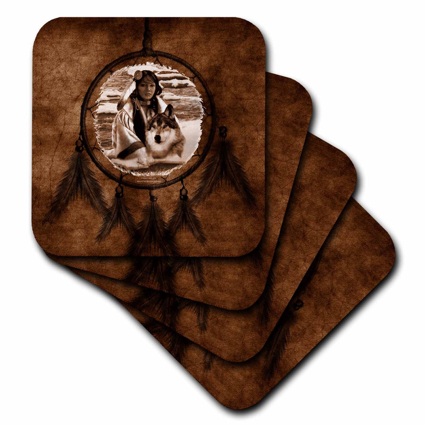 3dRose Doreen Erhardt Native American - Brown Native American Wolf based on a painting by Martin Basmajian - Coasters (cst_52256)