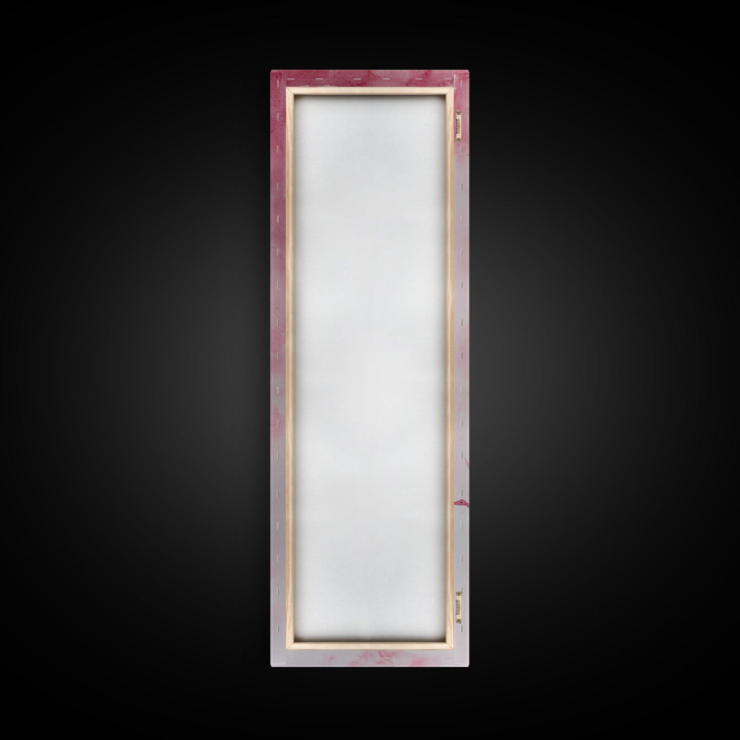 Crane Flight Canvas Print, ethereal origami bird painting in pink abstract hues, tall narrow wall art with zen minimalist aesthetic.