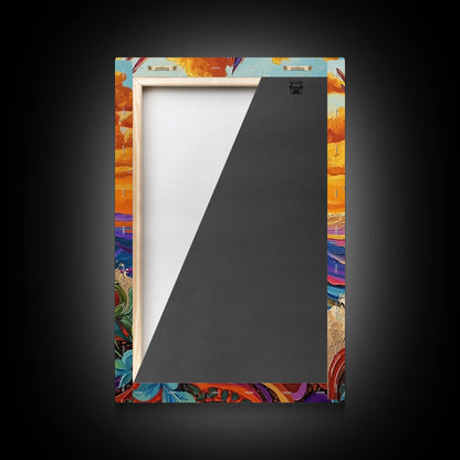 Flying Bird Sunset, Colorful Ocean Waves, Tropical Wildlife Art, Canvas Print, Boho Nature Decor, Fall Wall Accent, Vibrant Scene