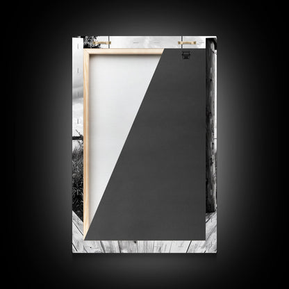 Lake Swing, Cloudy Sky, Calm View, Framed Canvas Print, Farmhouse Wall Art, Serene Kitchen Decor, Rustic Black and White Photography