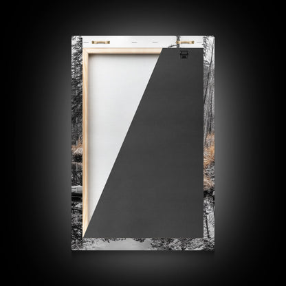 Forest Pond, Moody Woods, Black and White, Autumn Grass, Framed Canvas Print rustic cabin art, nature wall decor, woodland living room art