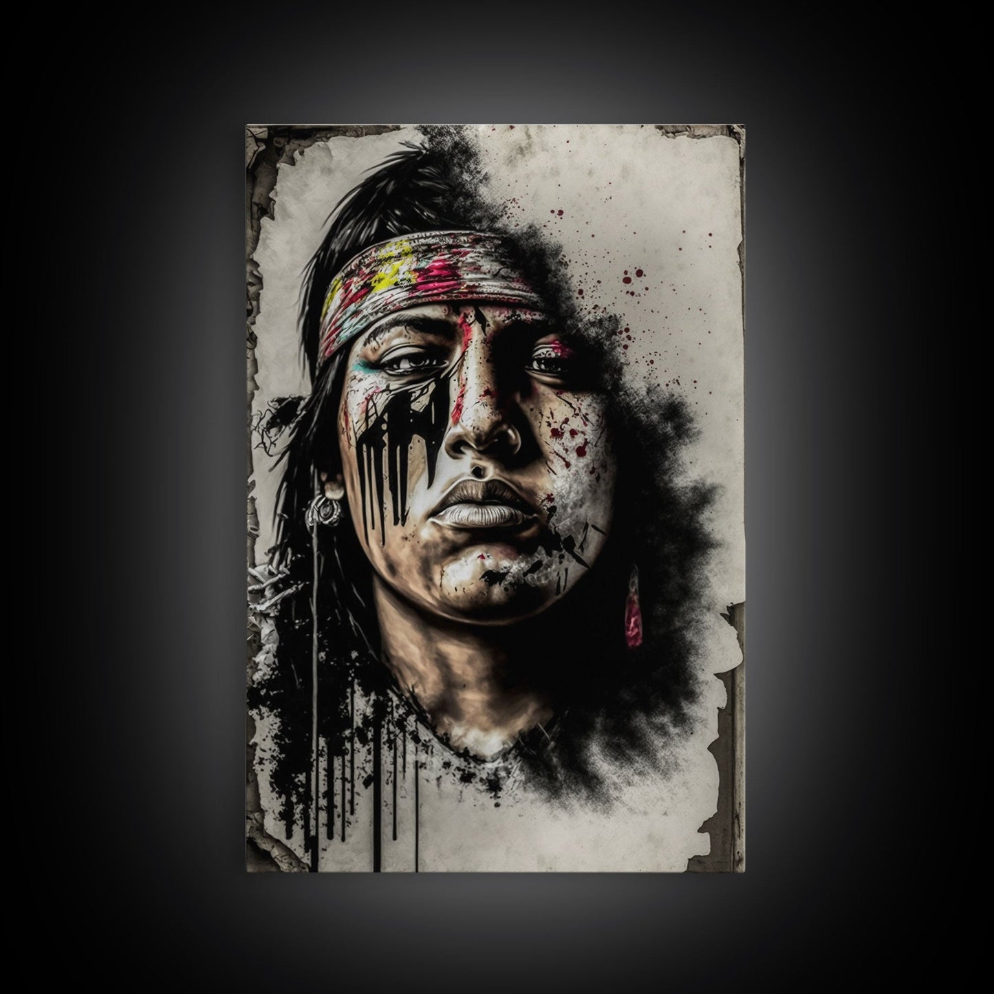 Brutal Graffiti Art, Native American Warriors Portrait, Framed Canvas Print