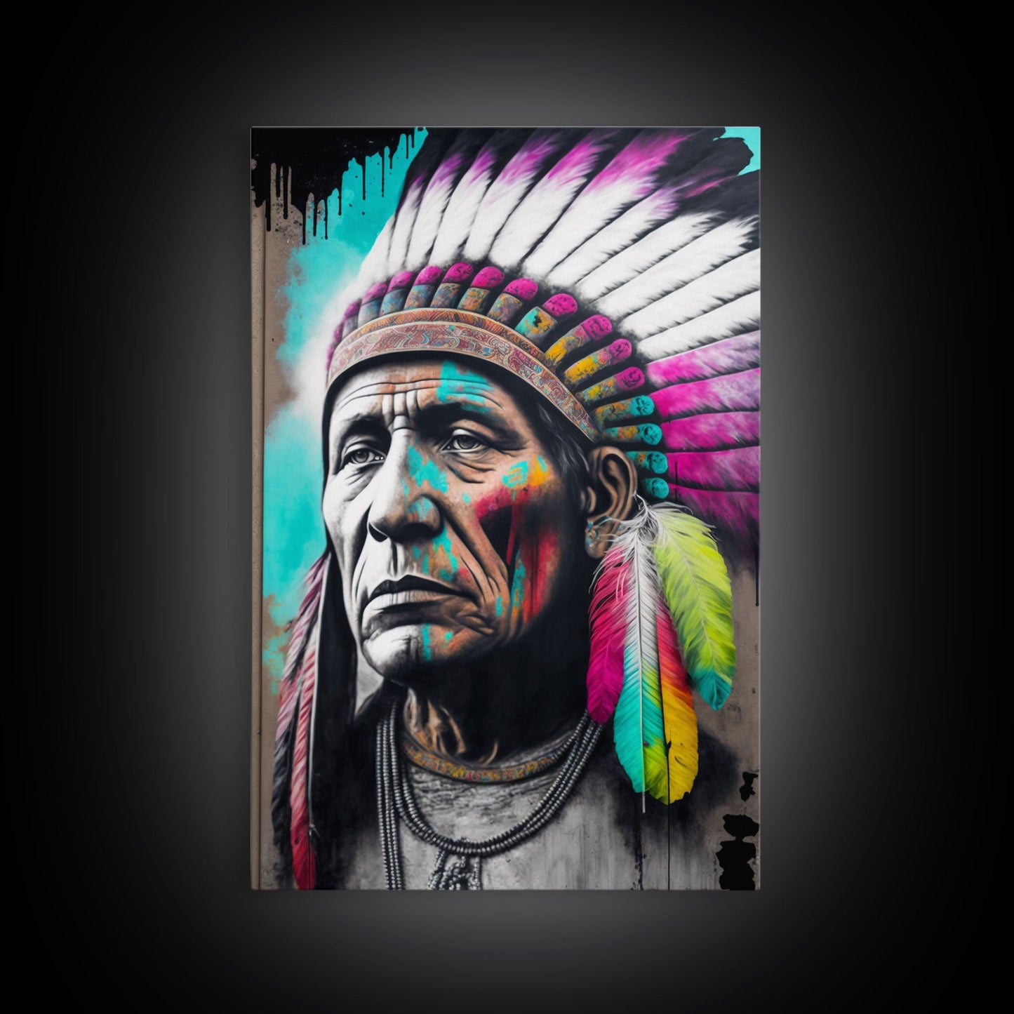 The Warrior, Native American Chief, Graffiti Art Portrait, Framed Canvas Print, Rainbow Feather Mohawk, Pop Art Portrait