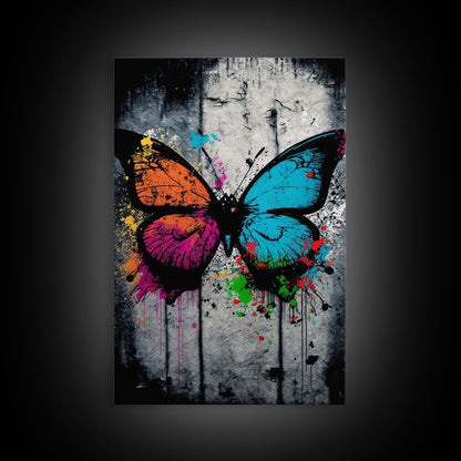 Graffiti Butterfly Art, Framed Canvas Print, Large Wall Art, Contemporary Punk Art, Butterflies, Pop Art, Paint Splatter Art