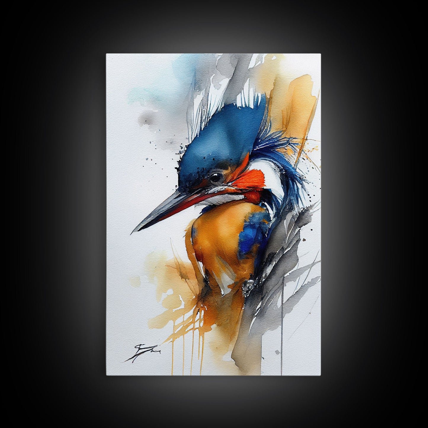 Watercolor of a Kingfisher, Framed Canvas Print, Bird Painting, Bird Watcher Art, Blue and Orange Kingfisher Watercolor Painting