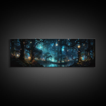 Fantasy Forest Print - Lightning Bugs Light Up The Forest At Night - Framed Canvas Print - Beautiful Fantasy Art - Framed Wall Art Fireflies