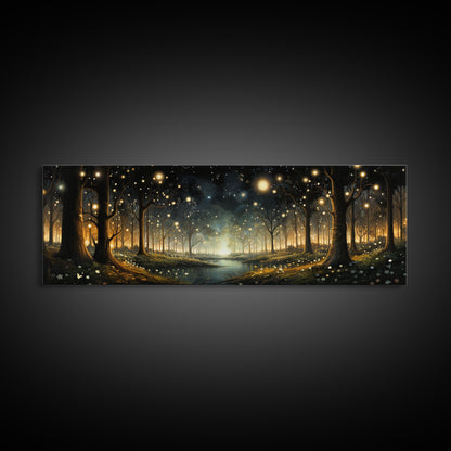 Fantasy Forest Fireflies - Framed Canvas Print - Gorgeous Fantasy Art with Glowing Lightning Bugs - Framed Wall Art for a Magical Touch
