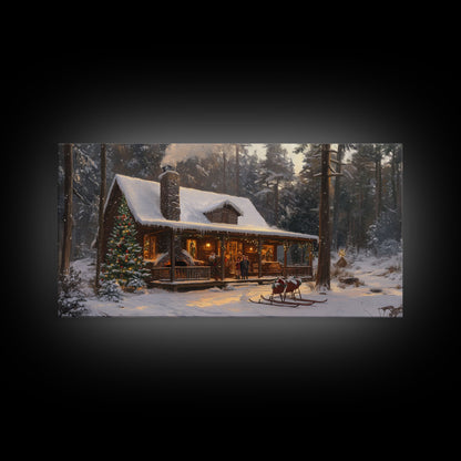 Cozy Christmas Cabin in Woods Framed Canvas Print - Rustic Christmas Decor and Winter Wonderland Scene with Holiday Wall Art