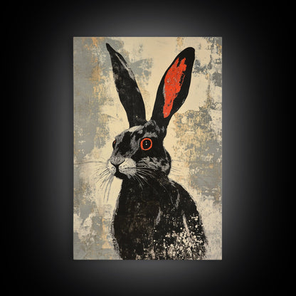 The Black Bunny, Framed Canvas Print Ready To Hang, Bunny Rabbit Art, Rabbit Painting, Minimalist Japanese Style Art