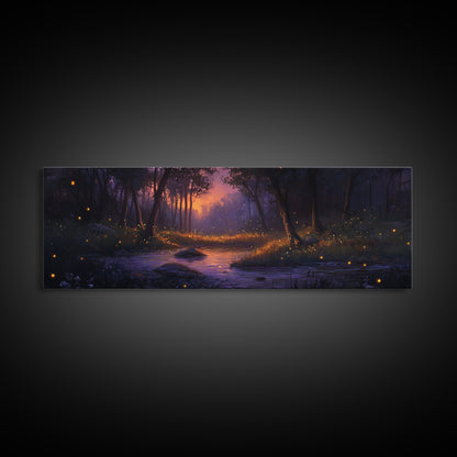 Panoramic Fantasy Forest Canvas Print, Fireflies Light Up The Night Sky in A Fantasy Forest,  Fantasy Painting