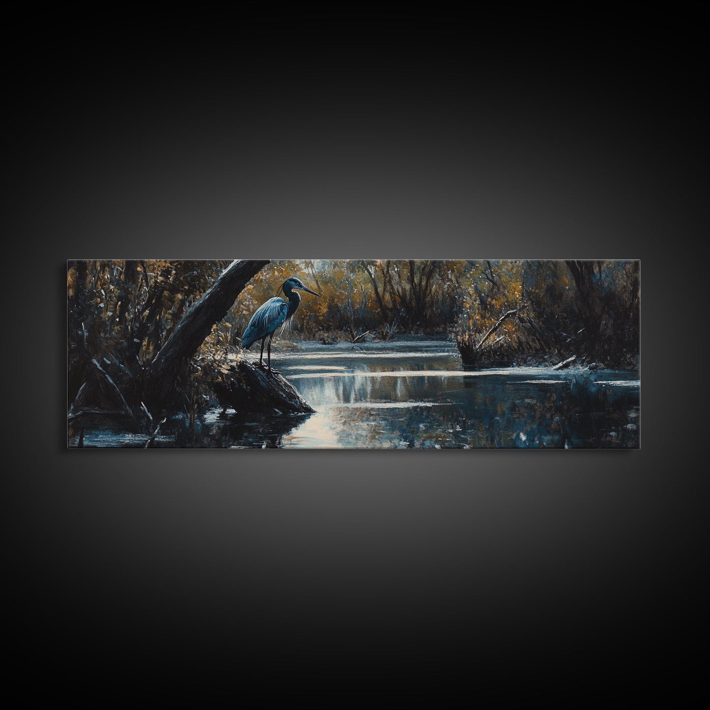 Blue Heron Wall Art, Framed Canvas Print, Nautical Home Decor, Blue Heron Painting, Panoramic Horizontal Wall Art