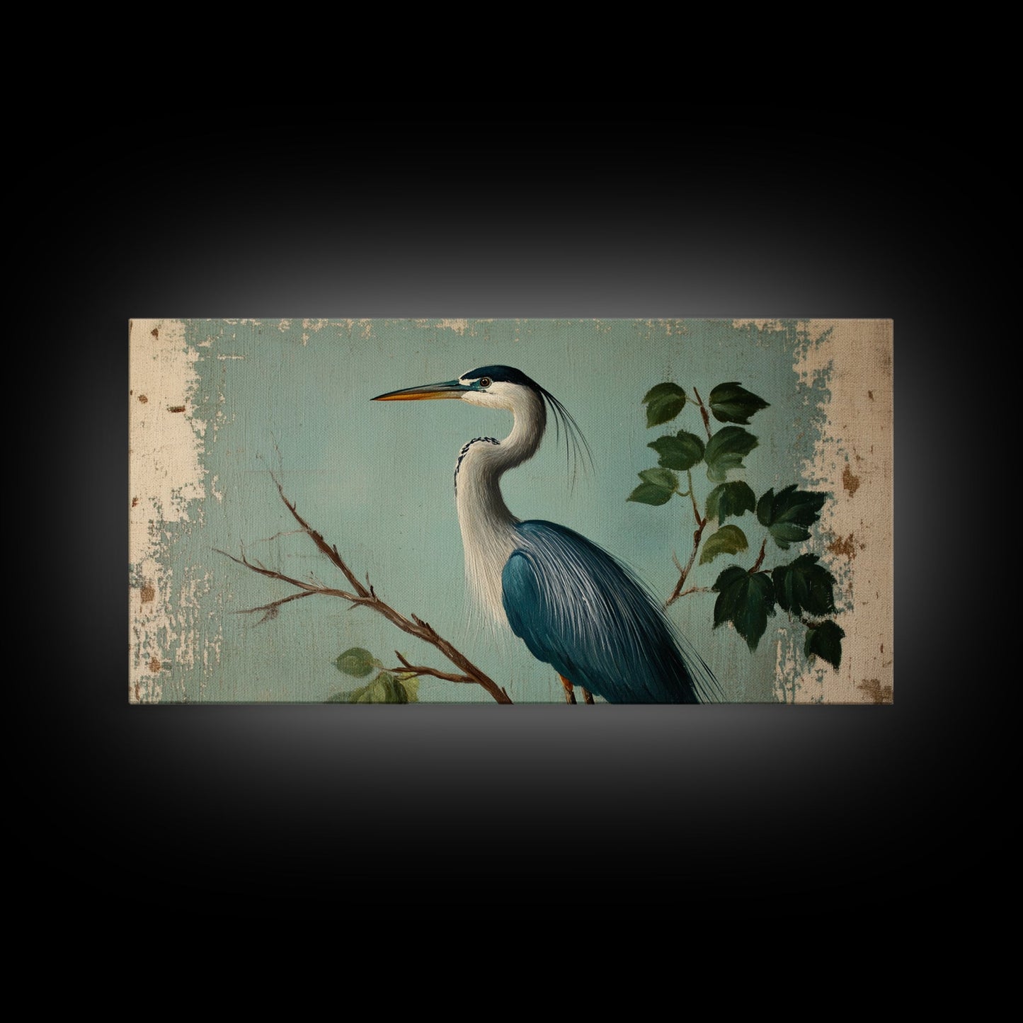 Funky Painting Print of a Blue Heron, Framed Canvas Print, Ready To Hang Wall Art, Great Blue Heron, Extra Large Bird Picture Painting