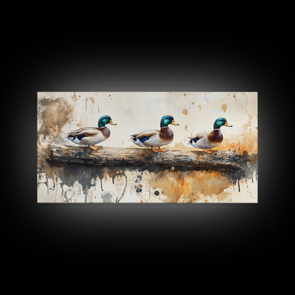Rustic Duck Painting Canvas Print, 3 Ducks On A Log, Framed Canvas Nature Painting, Landscape Painting, Nature Art, Meadow Painting Cabin Art