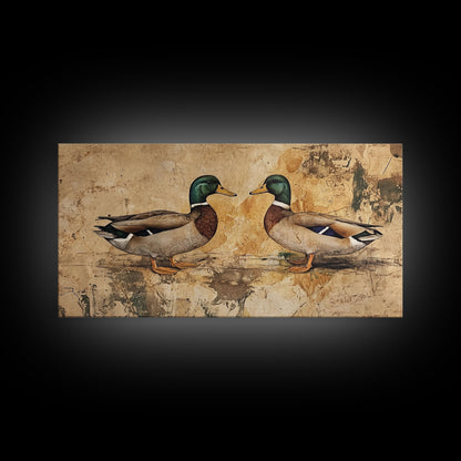 Cute Kissing Mallard Ducks - Rustic Farmhouse Wall Art - Framed Canvas Print - Gift For Hunter or Outdoorsman - Cabin Art - Cabin Decor