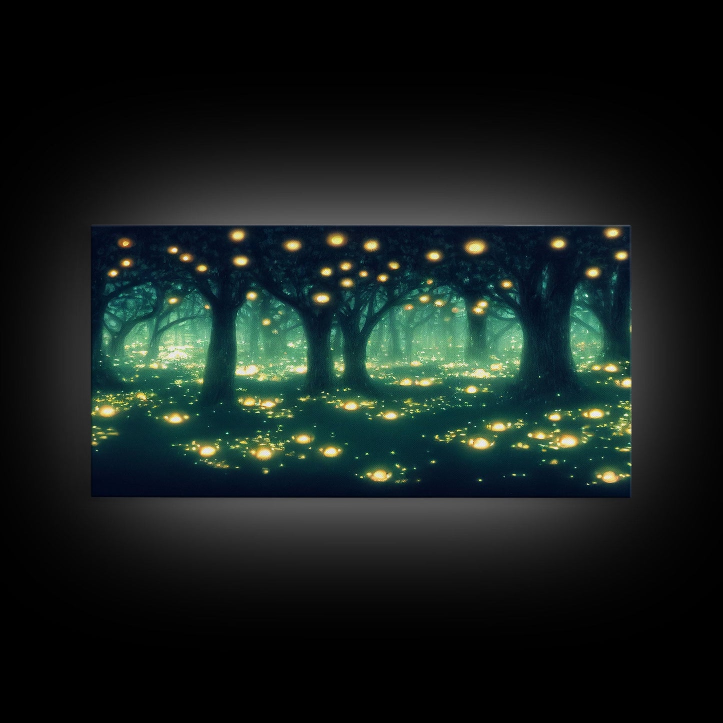 Fireflies At Night In A Fantasy Forest,  Framed Ready To Hang Canvas Print, beautiful wall art, guest room decor
