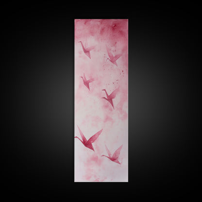 Crane Flight Canvas Print, ethereal origami bird painting in pink abstract hues, tall narrow wall art with zen minimalist aesthetic.