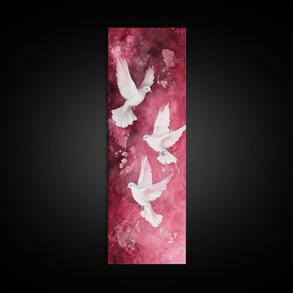 White Doves Canvas Print - Angel Art Prints on Burgundy Background, Symbolic Bird Art, Light Pink Abstract Vertical Wall Decor