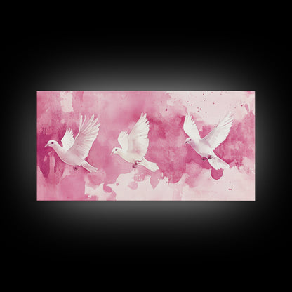 White Dove Flight Canvas Print | Angel Art Prints | Light Pink Wall Art | Minimalist Bird Art | Whimsical Living Room Decor Wall Art