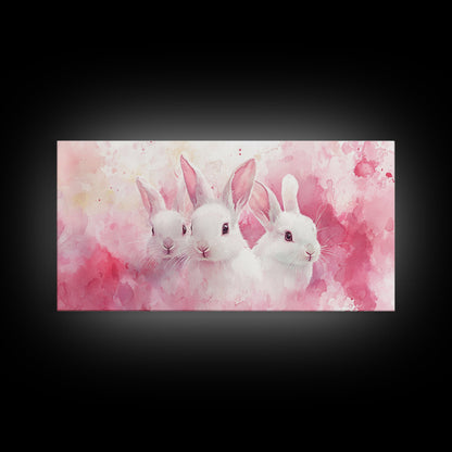 Three Bunnies Canvas Print, Adorable Pink Abstract Art Featuring Rabbits, Whimsical Nursery Wall Decor or Easter Themed Art