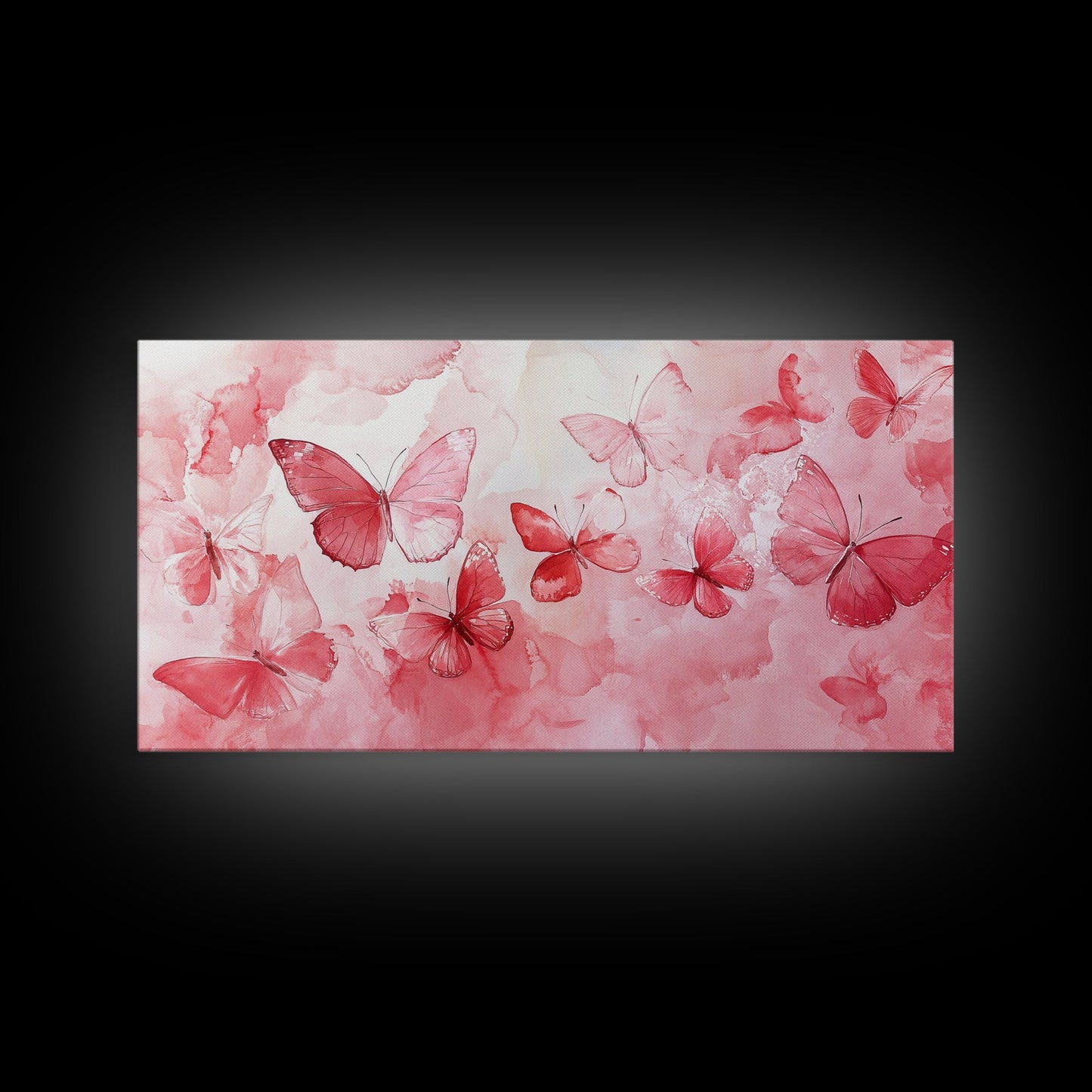 Pink Butterfly Collection Illustration in Whimsical Wall Art Style on Framed Canvas Print, Feminine Bedroom or Living Room Decor