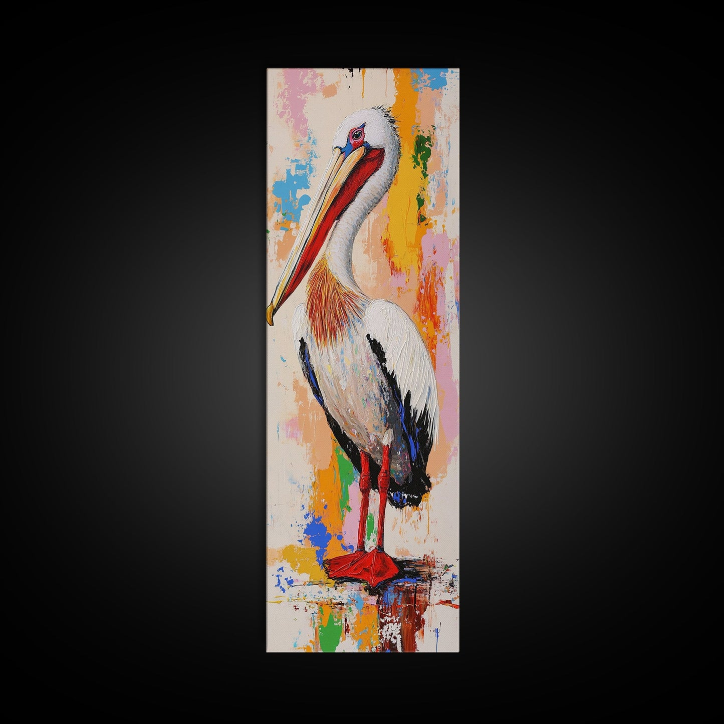 Colorful Pelican, bird art, framed canvas print, whimsical art, vibrant wall art, coastal decor, blue heron painting, rustic art