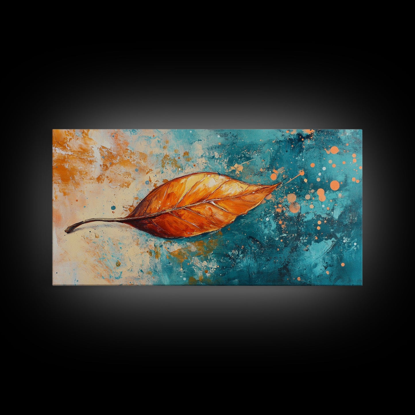 Autumn Leaf, fall painting, teal wall art, botanical prints, moody art, textured painting, gift idea for her, Canvas Print