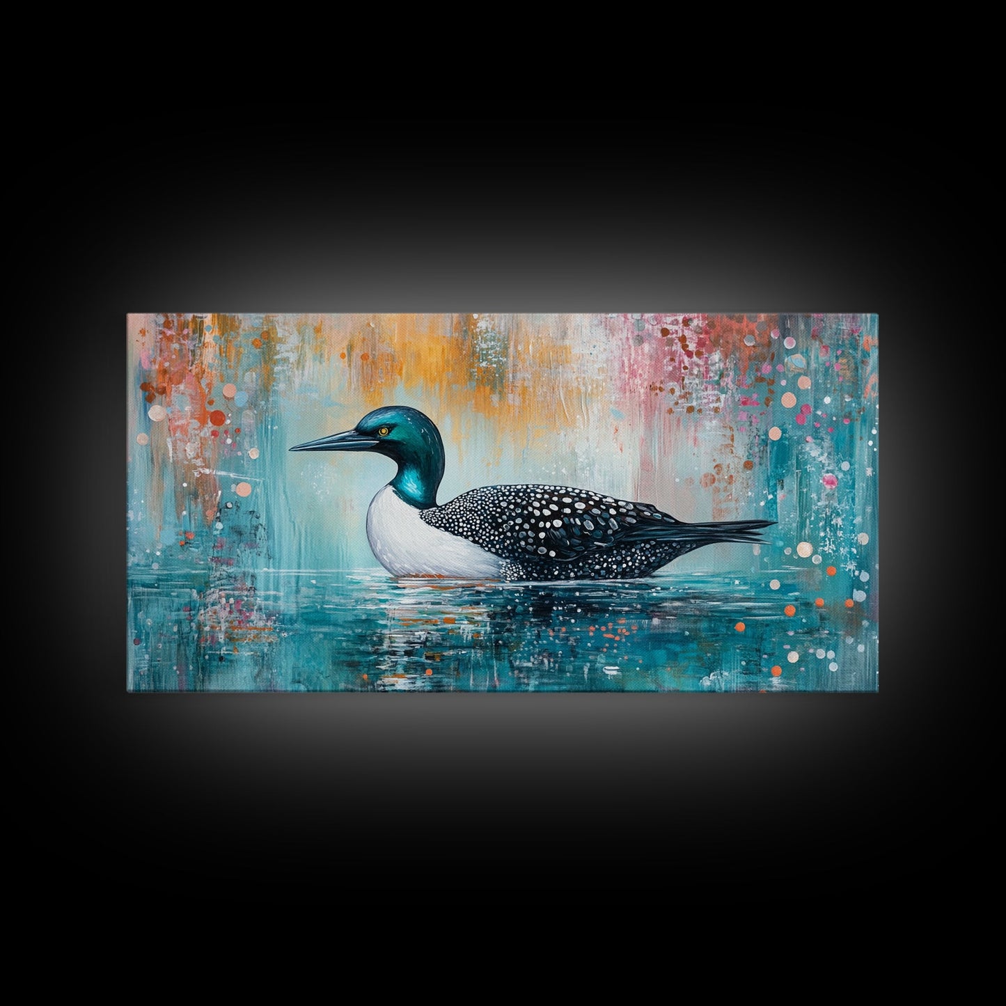 Loon Swimming Art, bird art, teal wall art, nature painting, lake decor, moody art, framed canvas print, rustic wall art