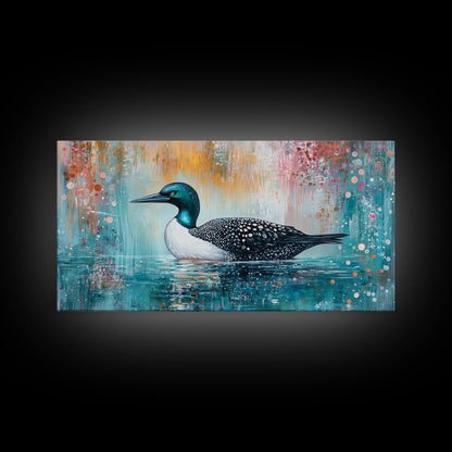 Loon Swimming Art, bird art, teal wall art, nature painting, lake decor, moody art, framed canvas print, rustic wall art