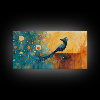 Whimsical Bird Art, Peacock Wall Art, Surreal Painting, Colorful Wall Art, Boho Art, Fantasy Art, Extra Wide Art, Framed Canvas Print