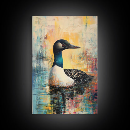Loon Painting, bird art, blue and green wall art, moody art, gift idea for him, rustic decor, Framed Canvas Print, above couch art