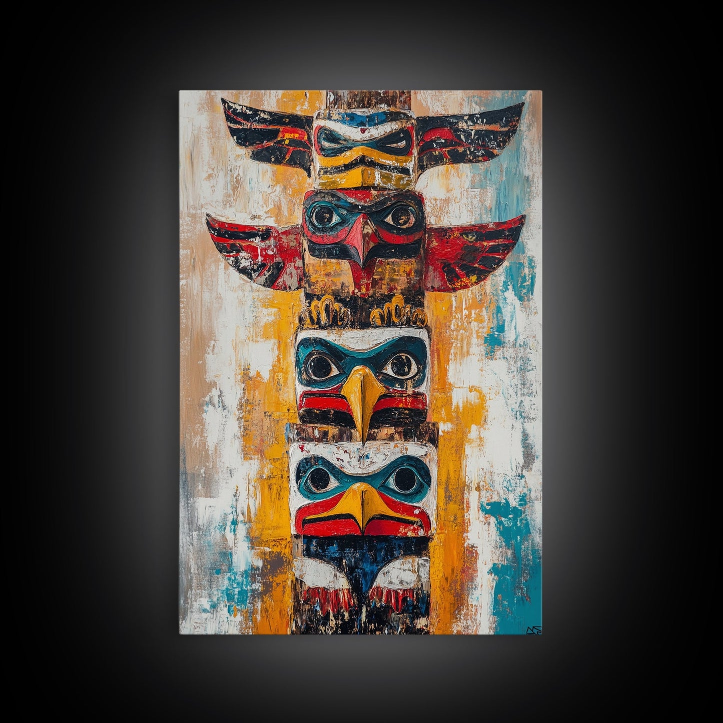 Totem Pole Art Framed Canvas Print Rustic Wall Decor Native American Art Tribal Home Decor Lodge Artwork Cabin Wall Art Southwest Boho