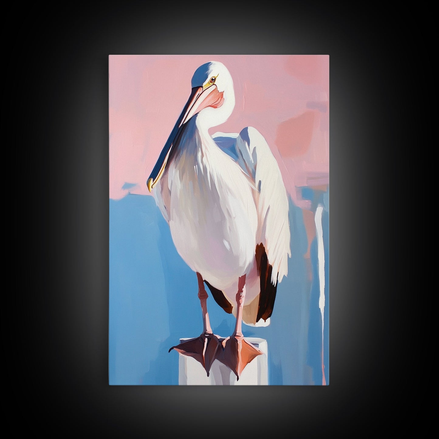 White Pelican, Coastal, Bird Art, Pastel, Beach House, Nature, Wildlife, Serenity, Aesthetic, Light Blue, Living Room, Canvas Print