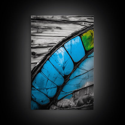 Butterfly Wing Close-up, Nature Photography, Framed Canvas Print, Rustic Wall Art, Minimalist Decor, Blue Abstract Art, Bedroom Wall Decor