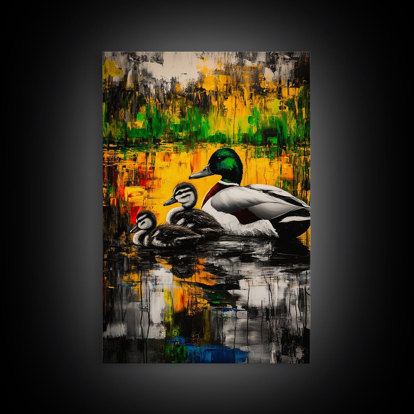 Ducks Pond Nature, Framed Canvas Print, Wildlife Art, Vibrant Watercolor Style, Rustic Wall Decor, Country Home Art, Gift Idea