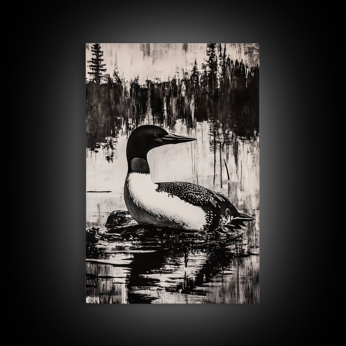 Loon, Lake Reflection, Nature Wall Art, Framed Canvas Print, Black and White Art, Minimalist Decor, Cabin Wall Art, Rustic Home