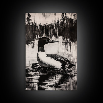 Loon, Lake Reflection, Nature Wall Art, Framed Canvas Print, Black and White Art, Minimalist Decor, Cabin Wall Art, Rustic Home