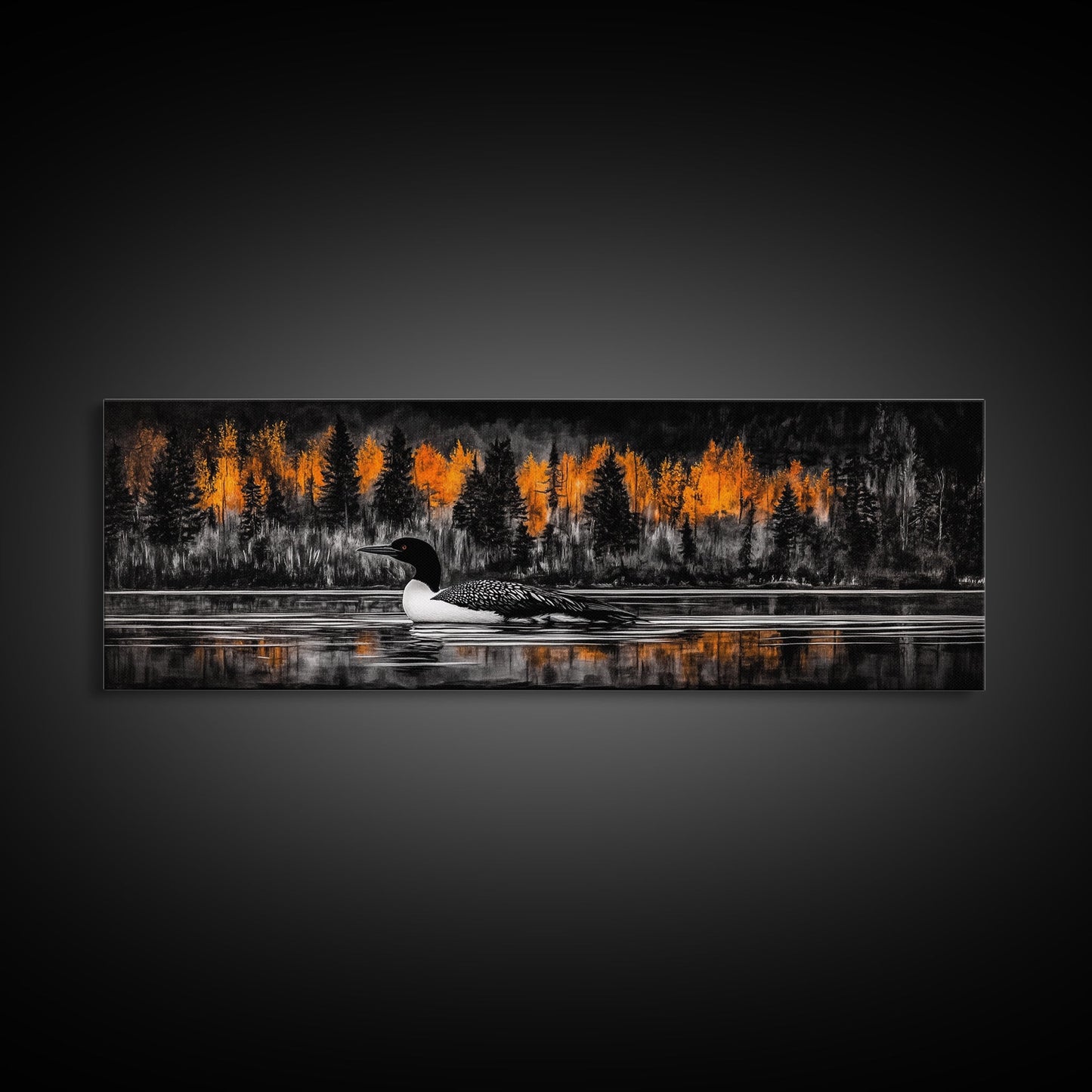 Autumn Lake, Wildlife Wall Art, Loon Bird Painting, Fall Nature Scene, Framed Canvas Print, Cabin Wall Art, Rustic Decor, Warm Fall Colors