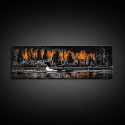 Autumn Lake, Wildlife Wall Art, Loon Bird Painting, Fall Nature Scene, Framed Canvas Print, Cabin Wall Art, Rustic Decor, Warm Fall Colors