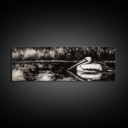 Pelican Reflection, Black White, Wildlife Art, Canvas Print, Nature Wall Art, Coastal Home Decor, Bird Lovers Gift, Monochrome Photography