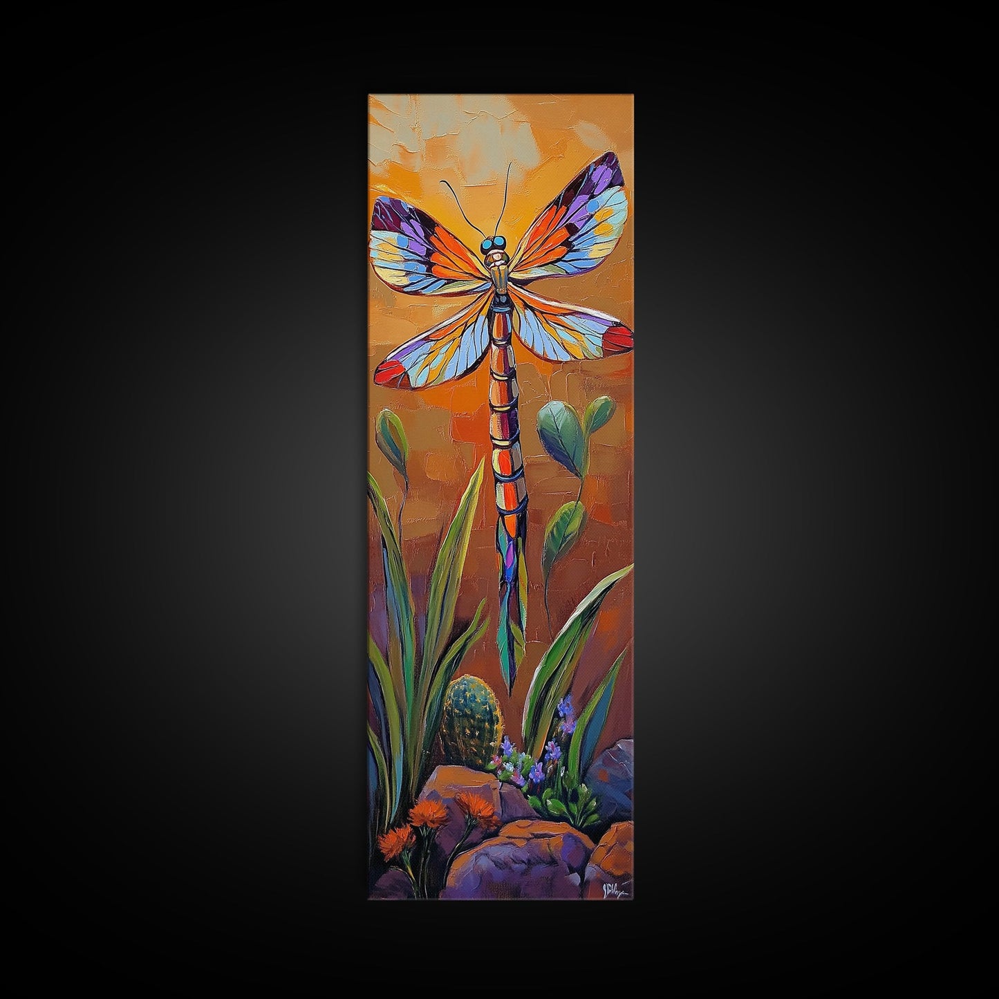 Dragonfly Wings, Garden Sunset, Whimsical insect decor Canvas Print, vibrant boho nature wall art, entryway statement piece
