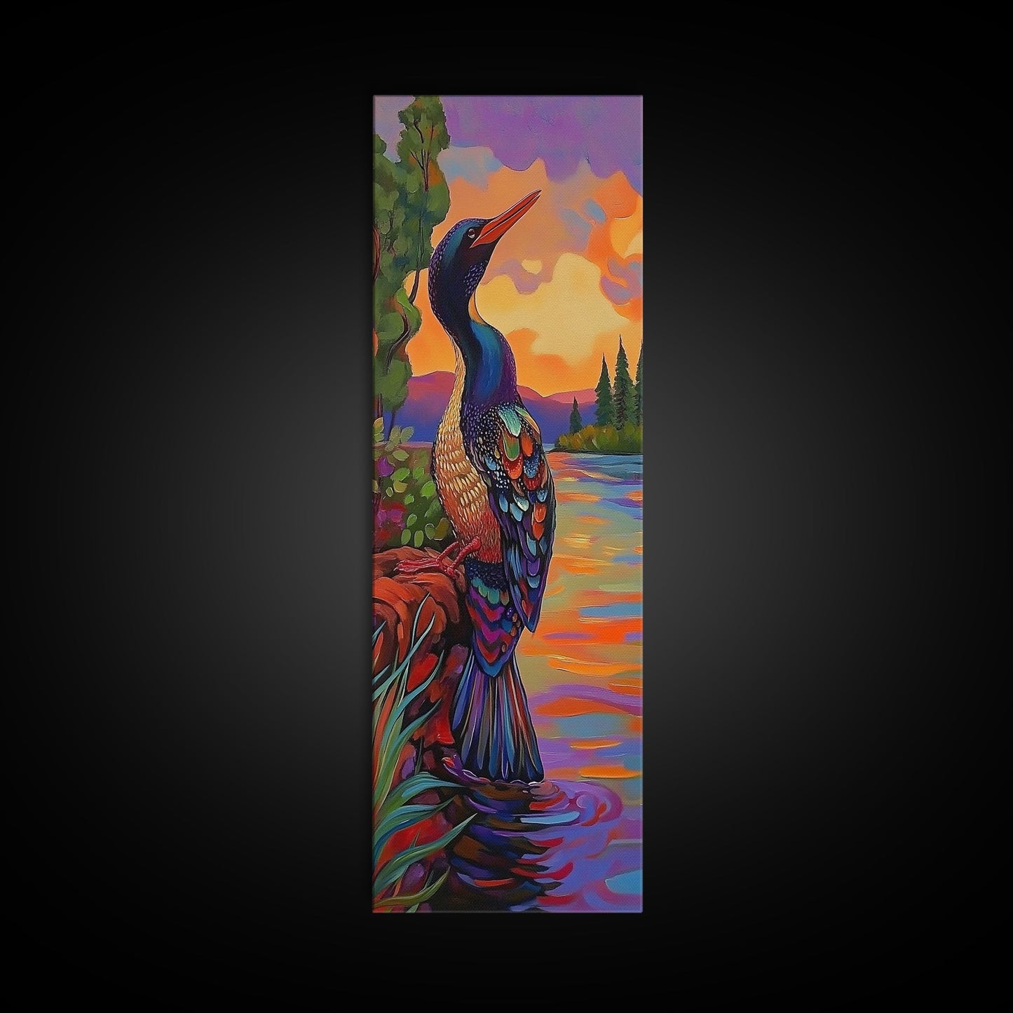 Sunset, Lake, Bird, Nature, Framed Canvas Print vibrant lakeside bird wall decor colorful boho birdwatching themed bedroom wall art