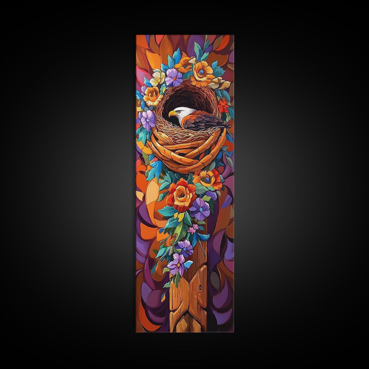 Eagle Nest, Floral Wreath, Nature Watch, Framed Canvas Print, patriotic wildlife wall art, rustic boho decor, cabin or lodge nature artwork