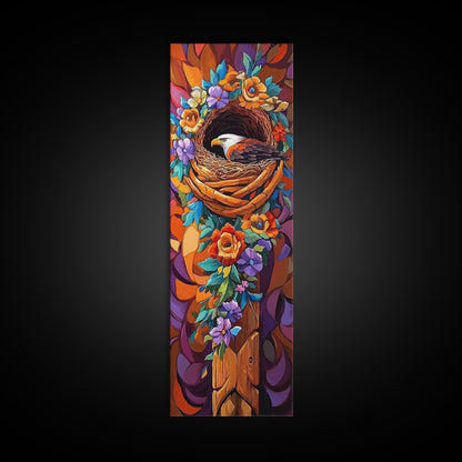 Eagle Nest, Floral Wreath, Nature Watch, Framed Canvas Print, patriotic wildlife wall art, rustic boho decor, cabin or lodge nature artwork