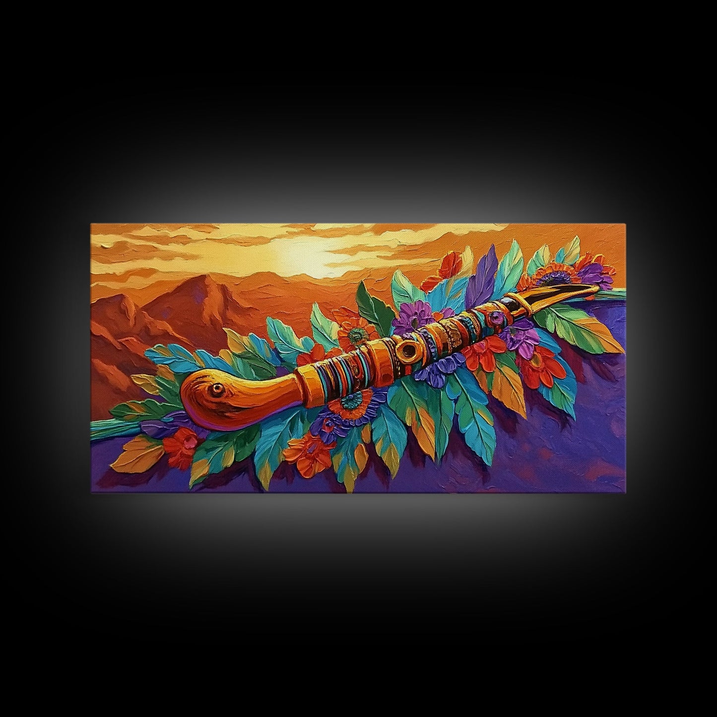 Native Flute, Flowers, Sunset, Framed Canvas Print, Spiritual Native American flute art with flowers and mountains, Boho Wall Art