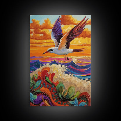Flying Bird Sunset, Colorful Ocean Waves, Tropical Wildlife Art, Canvas Print, Boho Nature Decor, Fall Wall Accent, Vibrant Scene