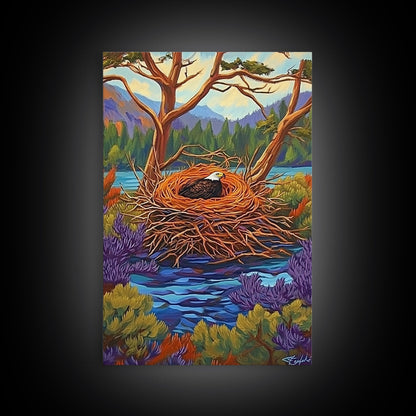 Eagle Nest, Forest, Lake, Canvas Print, rustic wildlife art, bald eagle decor, nature lodge wall art, cozy cabin Living Room theme