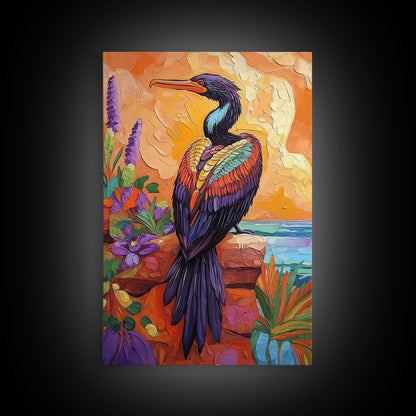 Bird, Tropical, Nature, Colorful, Framed Canvas Print, Exotic bird painting with vivid feathers, ideal eclectic living room wall art