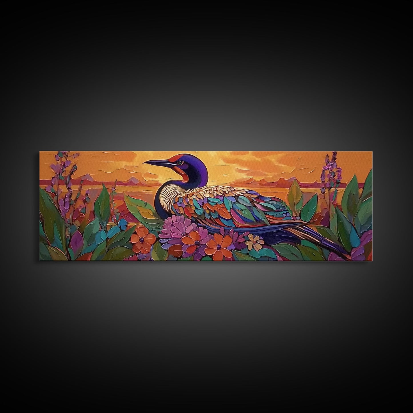 Sunset Bird, Floral Loon, Vibrant Nature, Colorful Wildlife, Canvas Print, cabin wall art, rustic boho art, birdwatcher gift
