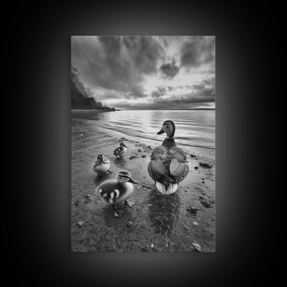 Duck Family, Lakeside Peace, Nature Walk, Canvas Print, Wholesome Wall Art, Nursery Animal Decor, Cozy Autumn Photography Style